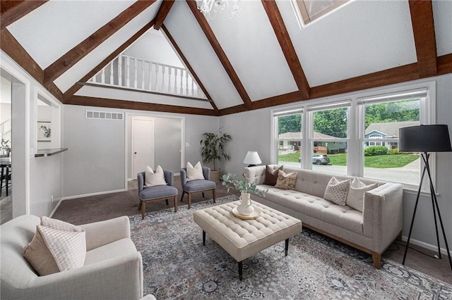12731 Byars Rd, Grandview, MO 64030 - living area with high vaulted ceiling, beamed ceiling, and carpet floors