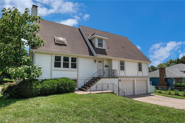 12731 Byars Rd, Grandview, MO 64030 - cape cod home with a garage, driveway, a chimney, stairway, and a shingled roof