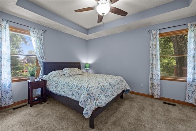 15509 Lawrence Ave, Belton, MO 64012 - carpeted bedroom featuring multiple windows, a tray ceiling, and a ceiling fan