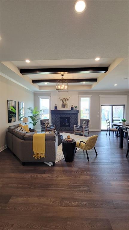 16570 W 170th St, Olathe, KS 66062 - living room with plenty of natural light, a tray ceiling, dark wood-type flooring, a glass covered fireplace, and recessed lighting