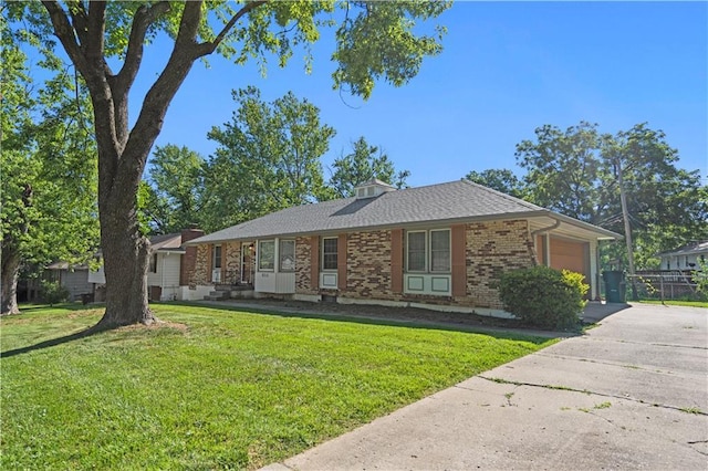 8315 Laurel Ave, Raytown, MO 64138 - ranch-style house with an attached garage, a front lawn, concrete driveway, and brick siding