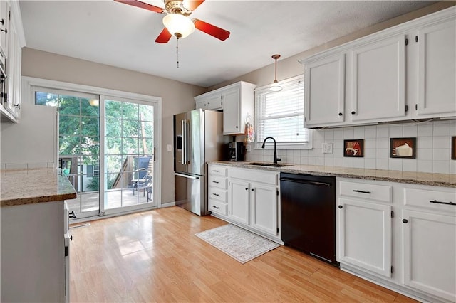 1211 SW Walnut St, Lees Summit, MO 64081 - kitchen featuring dishwasher, stainless steel fridge with ice dispenser, a ceiling fan, and plenty of natural light