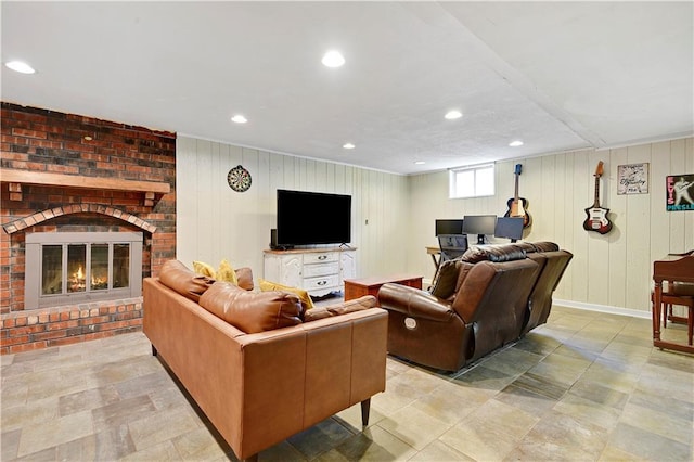 1211 SW Walnut St, Lees Summit, MO 64081 - living area with a fireplace, recessed lighting, and wooden walls