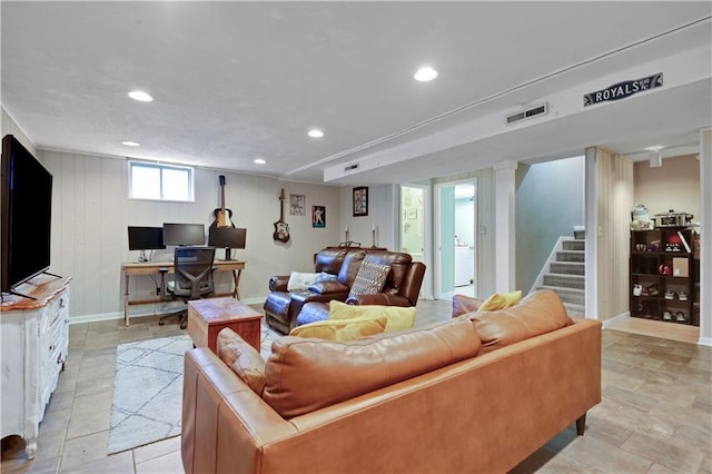 1211 SW Walnut St, Lees Summit, MO 64081 - living room featuring stairway, recessed lighting, and an office area