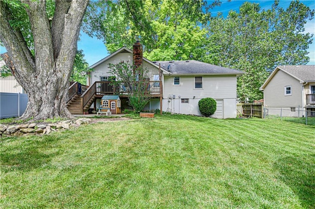 1211 SW Walnut St, Lees Summit, MO 64081 - back of house featuring stairs, a wooden deck, and a chimney