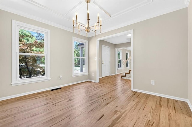 2623 W 131st St, Olathe, KS 66061 - spare room with light wood-type flooring, coffered ceiling, a chandelier, stairway, and crown molding