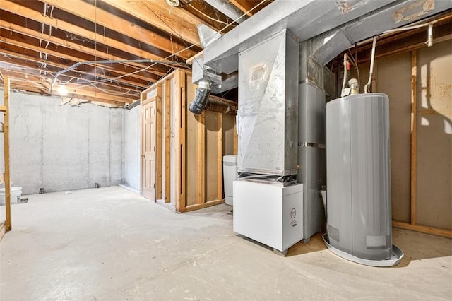 2623 W 131st St, Olathe, KS 66061 - unfinished basement with water heater, heating unit, and washer / dryer