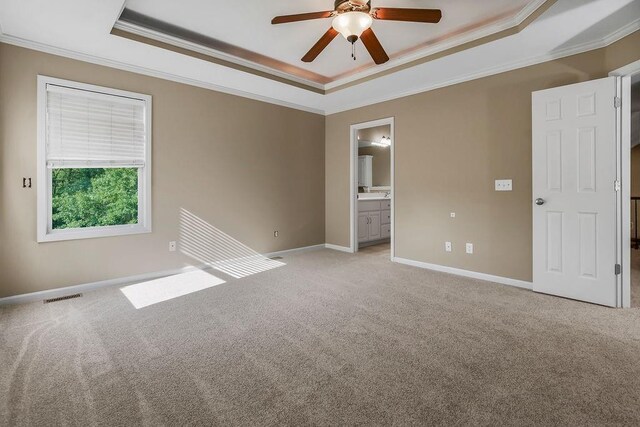 701 Tomahawk Ct, Smithville, MO 64089 - unfurnished room with a raised ceiling, ornamental molding, ceiling fan, and light carpet