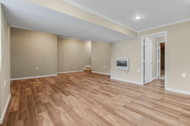 701 Tomahawk Ct, Smithville, MO 64089 - unfurnished living room featuring heating unit, ornamental molding, light wood-type flooring, stairs, and recessed lighting