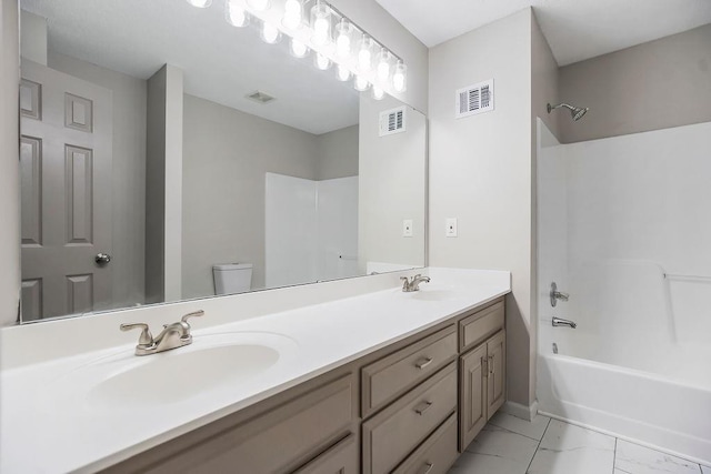 18201 W 157th Ter, Olathe, KS 66062 - bathroom featuring double vanity, bathing tub / shower combination, and marble look tiles