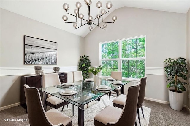 18201 W 157th Ter, Olathe, KS 66062 - dining area featuring vaulted ceiling, a chandelier, and carpet
