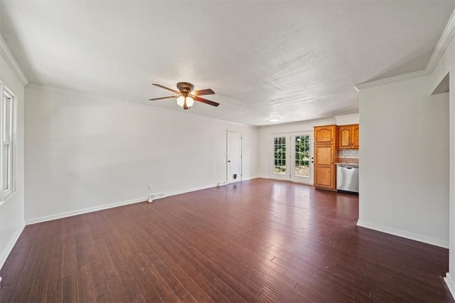 7 Hi View Ridge Dr, Archie, MO 64725 - unfurnished living room featuring a ceiling fan, dark wood-style flooring, and crown molding