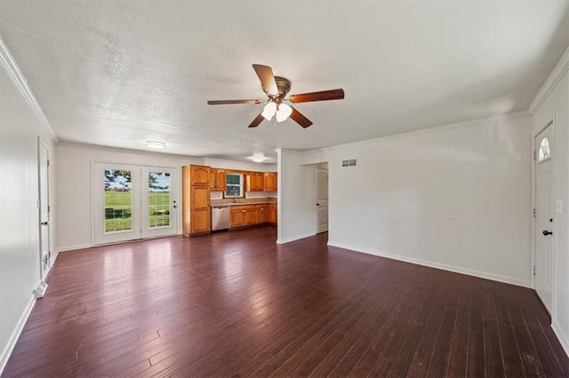 7 Hi View Ridge Dr, Archie, MO 64725 - unfurnished living room with crown molding, ceiling fan, and dark wood-type flooring