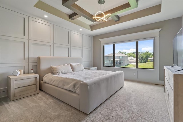 1113 Hummingbird Ct, Greenwood, MO 64034 - bedroom featuring light colored carpet, a chandelier, a raised ceiling, and recessed lighting