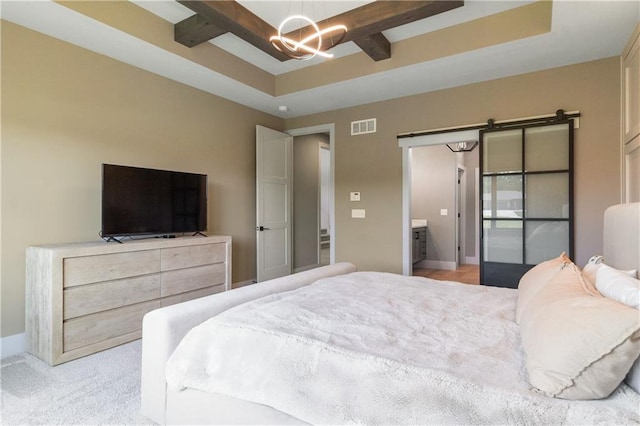 1113 Hummingbird Ct, Greenwood, MO 64034 - bedroom featuring a tray ceiling, carpet, a chandelier, and a barn door
