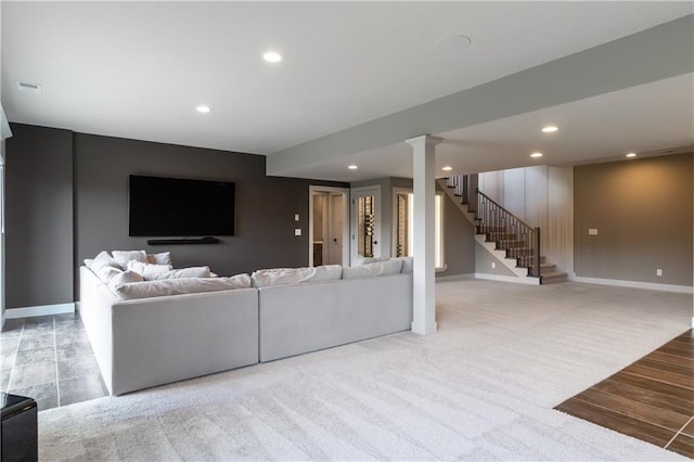 1113 Hummingbird Ct, Greenwood, MO 64034 - living room with stairs and recessed lighting