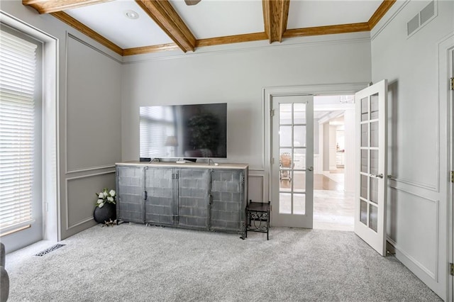 1021 SW Summit Falls Dr, Lees Summit, MO 64081 - living area with french doors, beam ceiling, carpet, ornamental molding, and coffered ceiling
