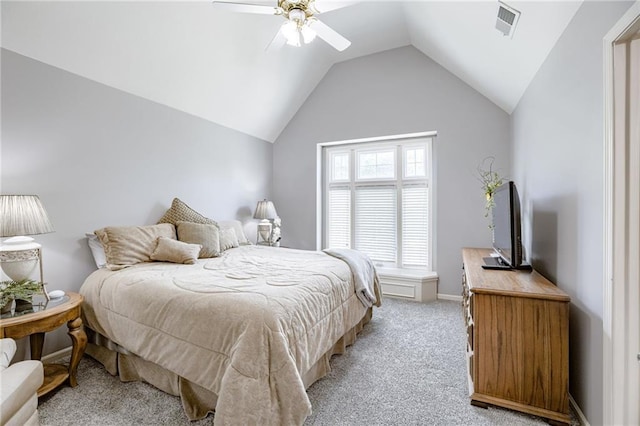 1021 SW Summit Falls Dr, Lees Summit, MO 64081 - bedroom with light carpet, vaulted ceiling, and a ceiling fan