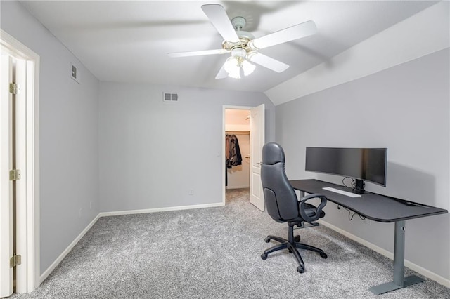 1021 SW Summit Falls Dr, Lees Summit, MO 64081 - home office featuring carpet floors, ceiling fan, and lofted ceiling