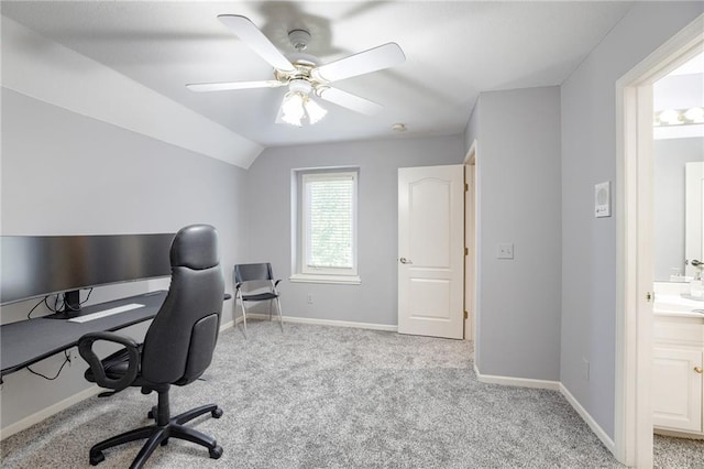 1021 SW Summit Falls Dr, Lees Summit, MO 64081 - office featuring light carpet, lofted ceiling, and ceiling fan