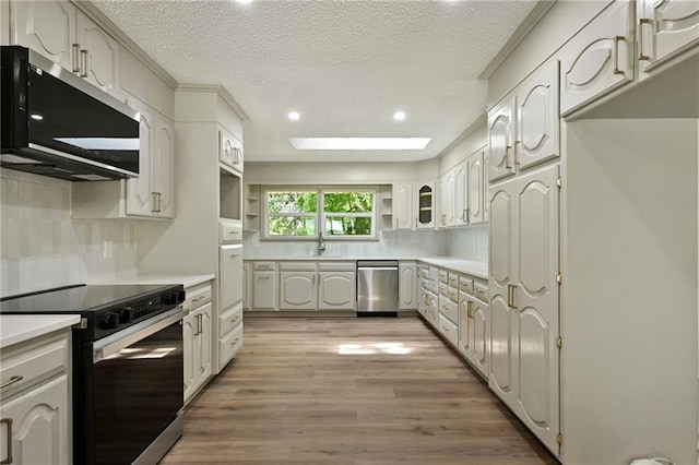 2415 E 126th St, Kansas City, MO 64146 - kitchen featuring stainless steel appliances, open shelves, light wood-type flooring, a skylight, and decorative backsplash