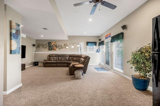 1912 Sequoia Dr, Raymore, MO 64083 - living room with carpet floors, ceiling fan, and recessed lighting