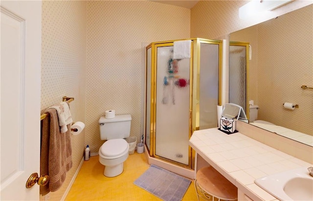 4598 N Avilla St, Reeds, MO 64859 - bathroom featuring a shower stall, vanity, and wallpapered walls