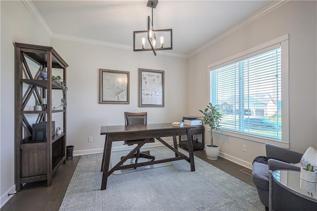 1527 SW Arbor Falls Dr, Lees Summit, MO 64082 - home office featuring ornamental molding, dark wood-type flooring, and a chandelier