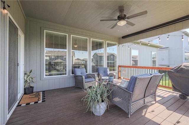 1527 SW Arbor Falls Dr, Lees Summit, MO 64082 - deck with a ceiling fan and grilling area