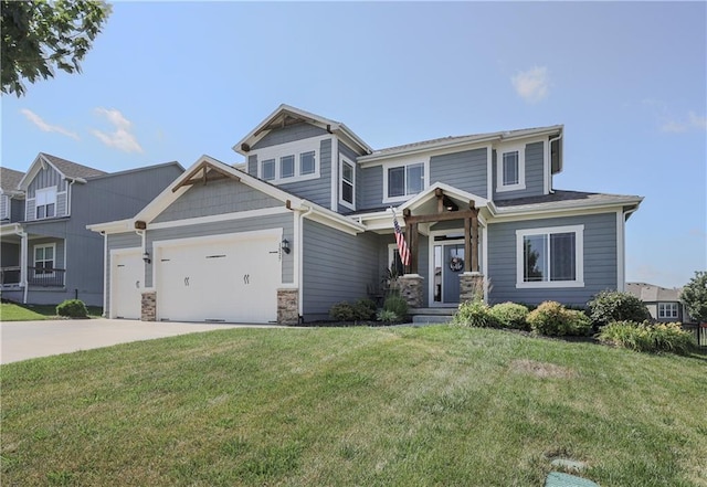 1527 SW Arbor Falls Dr, Lees Summit, MO 64082 - view of front of house featuring a front lawn, a garage, stone siding, and concrete driveway