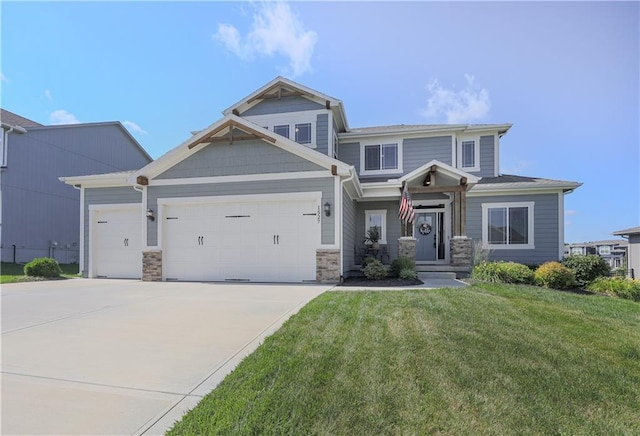 1527 SW Arbor Falls Dr, Lees Summit, MO 64082 - craftsman house with a garage, a front yard, concrete driveway, and stone siding