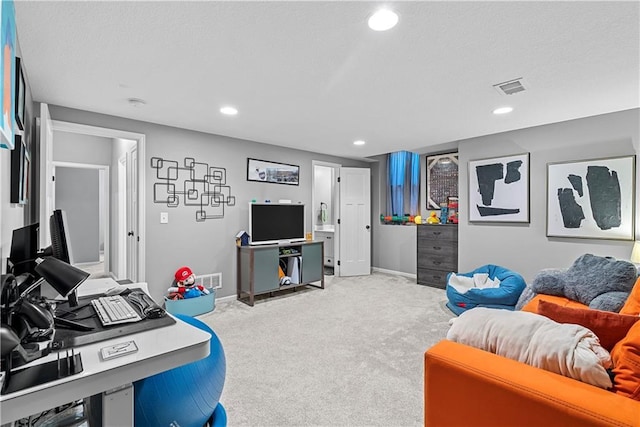 513 NE Wenonga Pl, Lees Summit, MO 64064 - recreation room with light colored carpet, recessed lighting, and an office area
