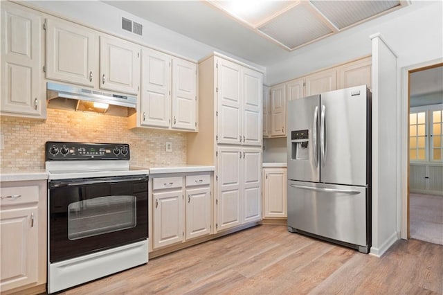 13109 W 65th St, Shawnee, KS 66216 - kitchen with stainless steel fridge with ice dispenser, white electric range oven, under cabinet range hood, light wood-type flooring, and light countertops
