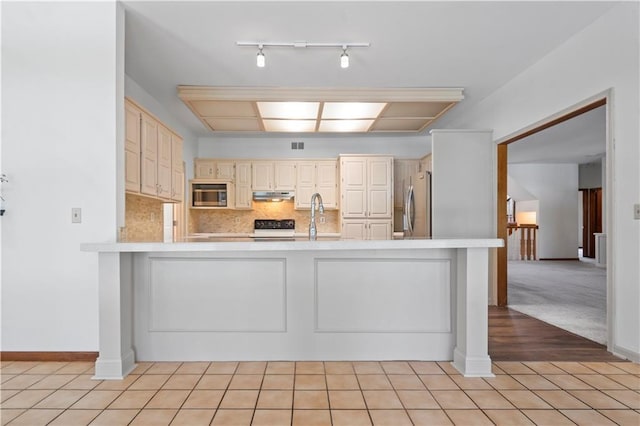 13109 W 65th St, Shawnee, KS 66216 - kitchen featuring stainless steel appliances, under cabinet range hood, light countertops, and rail lighting
