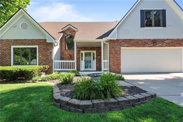 13109 W 65th St, Shawnee, KS 66216 - tudor home featuring brick siding, driveway, roof with shingles, a front yard, and a porch