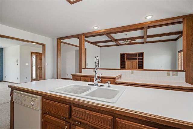 1001 E Park Rd, Garnett, KS 66032 - kitchen with white dishwasher, coffered ceiling, a ceiling fan, light countertops, and recessed lighting