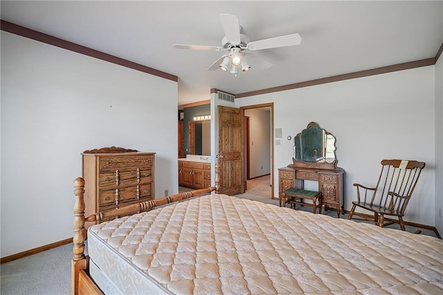 1001 E Park Rd, Garnett, KS 66032 - bedroom featuring light carpet, crown molding, a ceiling fan, and ensuite bathroom