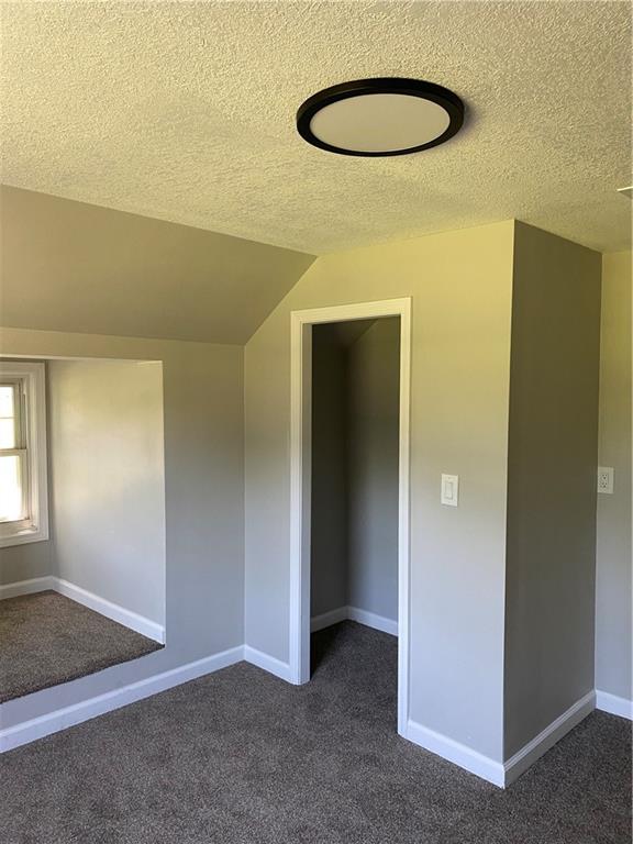 710 E Vine St, Iola, KS 66749 - empty room with a textured ceiling, dark carpet, and vaulted ceiling