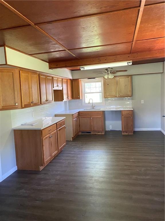 710 E Vine St, Iola, KS 66749 - kitchen featuring dark wood-type flooring, decorative backsplash, a wood ceiling with exposed beams, brown cabinetry, and ceiling fan