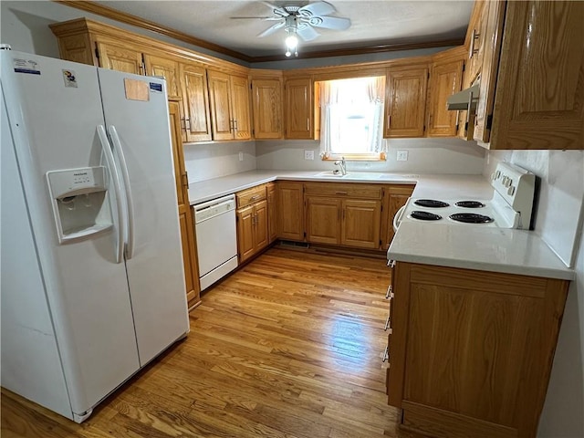 131 E Warren St, Gardner, KS 66030 - kitchen featuring white appliances, ceiling fan, light wood finished floors, light countertops, and under cabinet range hood