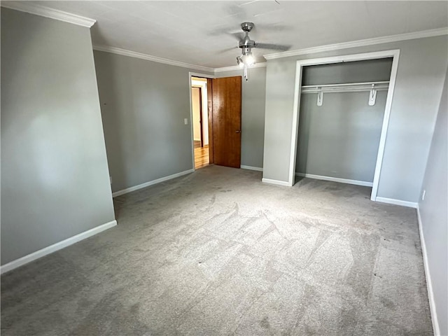 131 E Warren St, Gardner, KS 66030 - unfurnished bedroom with crown molding, carpet flooring, a closet, and a ceiling fan