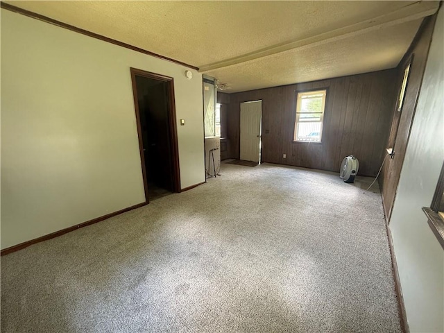 303 Bell St, Richmond, MO 64085 - empty room featuring a textured ceiling, light carpet, and wooden walls