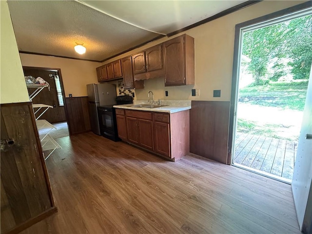 303 Bell St, Richmond, MO 64085 - kitchen featuring wainscoting, wood finished floors, light countertops, black / electric stove, and crown molding