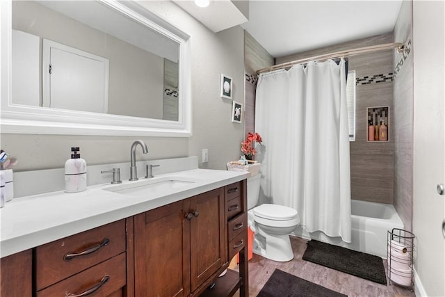 13211 Craig Ave, Grandview, MO 64030 - full bath with vanity, shower / bathtub combination with curtain, and wood finished floors