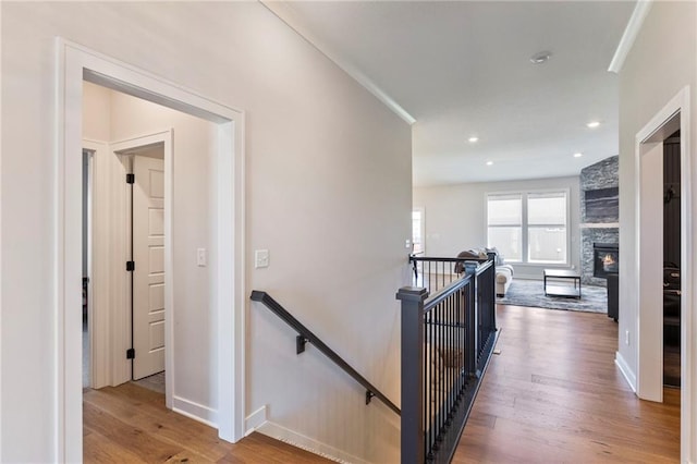 19013 W 188th Ter, Spring Hill, KS 66083 - hallway featuring an upstairs landing, wood finished floors, and recessed lighting