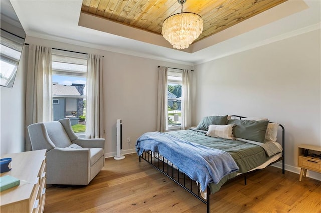 19013 W 188th Ter, Spring Hill, KS 66083 - bedroom featuring a tray ceiling, a chandelier, wooden ceiling, and light wood-type flooring
