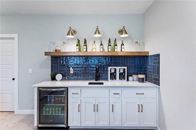 19013 W 188th Ter, Spring Hill, KS 66083 - indoor bar featuring wine cooler, backsplash, and light colored carpet