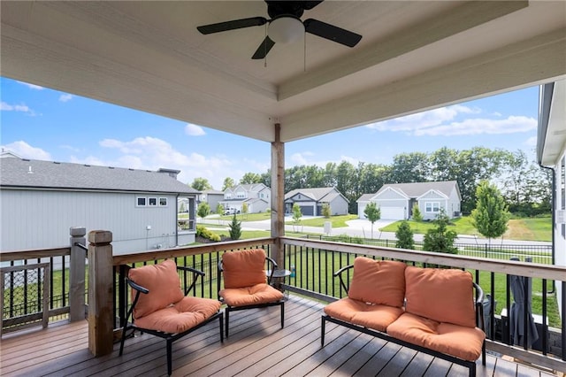 19013 W 188th Ter, Spring Hill, KS 66083 - wooden terrace with a residential view, ceiling fan, and a lawn