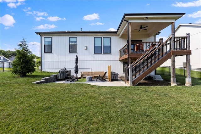 19013 W 188th Ter, Spring Hill, KS 66083 - back of property with a ceiling fan, a patio, stairs, and a wooden deck