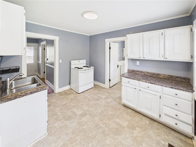 411 S Bismark, Concordia, MO 64020 - kitchen with white electric stove, ornamental molding, white cabinetry, and dark countertops